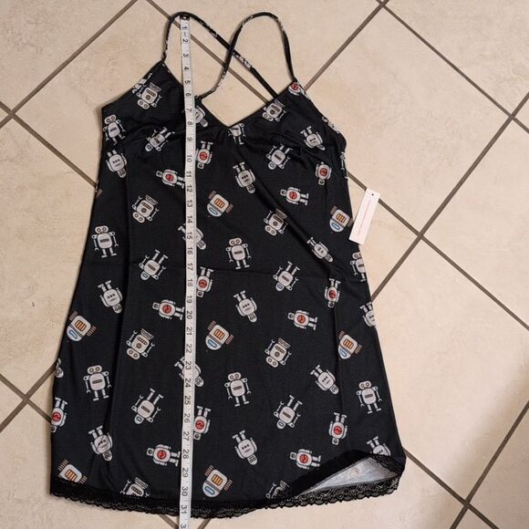 NWT ModCloth Robot Print Nightgown Dark Navy blue w black lace trim size S - Picture 7 of 10